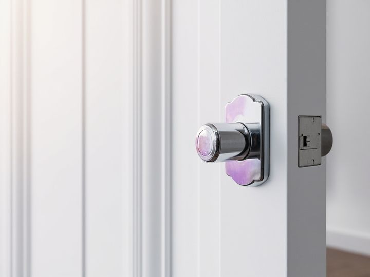 Bouton de serrure chromé sur une porte blanche
