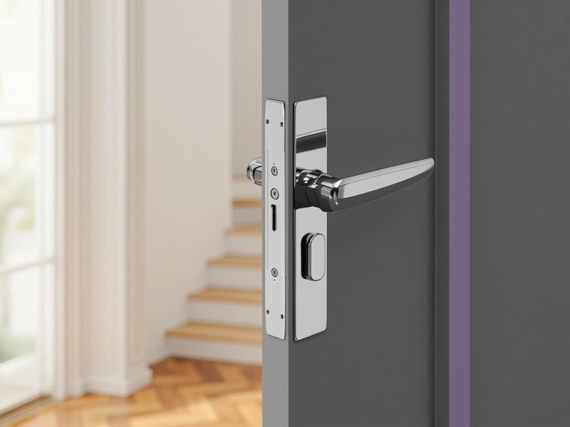 Serrure chromée d'une porte blindée grise